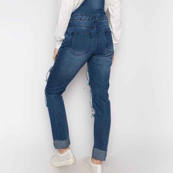 Fishnet insert boyfriend distressed denim overalls - Picture 7 of 8
